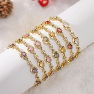 Vintage Gold Plated Copper Oval Cubic Zirconia Link Bracelet For Women Elegant Colorful Gemstone Bridal Jewelry Gift