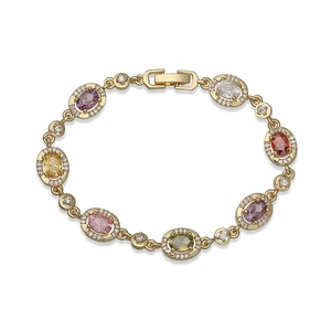 Vintage gold-plated copper bracelet with oval colorful gemstones and sparkling zircons