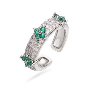 Luxurious adjustable clover ring with vibrant green stones and sparkling pavé crystals
