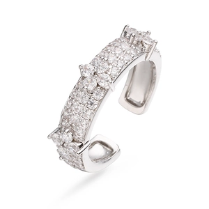 Detailed macro view of silver clover ring with sparkling multi-row pavé zirconia stones