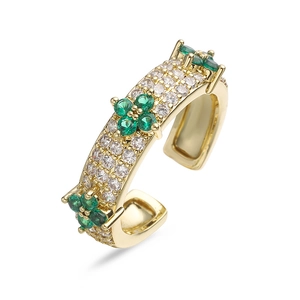 Luxury gold four-leaf clover adjustable ring with green zircon and white crystal accents