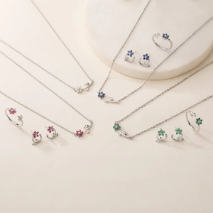 Exquisite camellia jewelry set with colorful zirconia featuring necklaces and flower earrings
