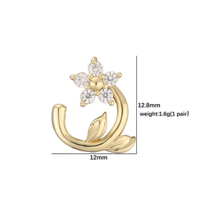 Elegant gold flower stud earrings with crystals and leaves, dimensions 12x12.8mm
