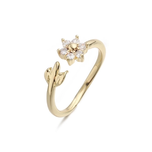 Detail view of gold floral open ring with crystal zircon petals and leaf design