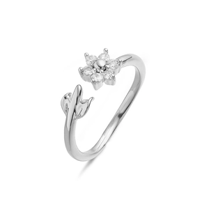 Detailed macro of a polished S925 silver adjustable ring with crystal flower and leaf motif
