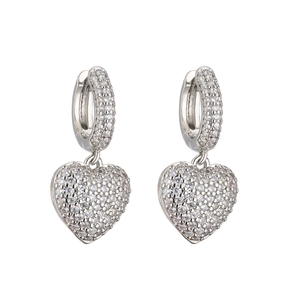Detailed view of silver heart drop earrings with micro-pave cubic zirconia crystals