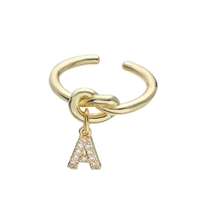 Gouden open knoopring met een met zirkoon ingelegde letter A hanger voor dames