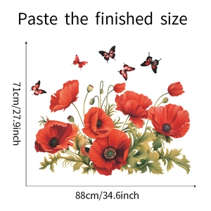 Detail of red poppy flower wall decal and butterflies with size guide dimensions