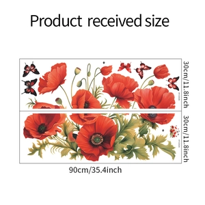 Detailed size chart for red poppy and butterfly wall stickers, including dimensions in cm