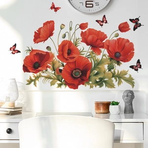 Romantic Red Poppy Flower And Butterfly Wall Stickers Removable PVC Self Adhesive Mural For Living Room Bedroom Home Decor