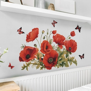 Vibrant red poppy flower wall stickers with butterfly accents for home living room decor