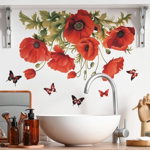 Romantic red poppy flowers and butterflies wall stickers for living room home decoration