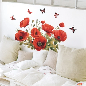 Vibrant red poppy flower wall decal with butterflies for home living room decoration