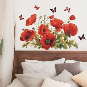 Bedroom wall decor featuring realistic red poppy flower stickers and vibrant butterflies