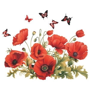 Vibrant red poppy flowers and butterflies self-adhesive wall stickers for home decor