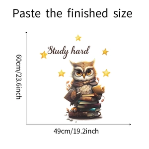 Detailed dimension guide for cute owl wall decal showing 49x60cm size and Study Hard text