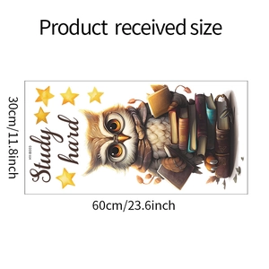 Cartoon owl wall sticker layout dimensions showing product size 60x30cm and Study Hard theme