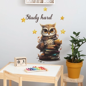 Detailed wall sticker showing a cartoon owl reading with Study hard text for kids room