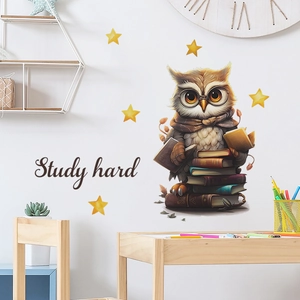 Cartoon reading owl wall sticker for kids room with Study Hard quote and stars