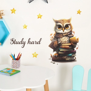 Cartoon owl wall sticker with Study Hard text for children bedroom home decor