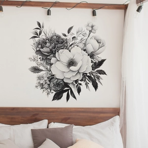 Sticker mural floral noir et blanc pour chambre avec pivoines et guirlandes lumineuses