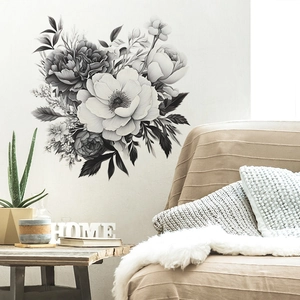Détail de sticker mural floral avec motifs de pivoines et feuilles dessinés à la main