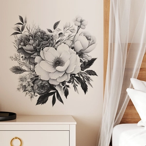 Stickers muraux fleurs grises élégantes avec pivoines et roses pour la déco de chambre