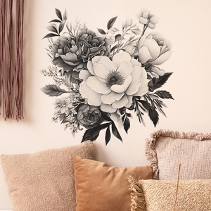 Sticker Mural Fleur Pivoine Monochrome Amovible PVC Autocollant Croquis Fleur Art Décalcomanie pour Chambre Salon Décoration Maison