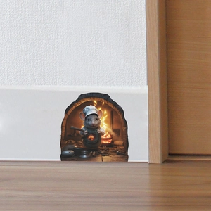 3D-Wandsticker mit einer süßen Maus beim Kochen in einem Loch auf der Fußleiste