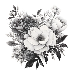 Détail macro d'un sticker mural floral gris et blanc avec pivoines et anémones dessinées