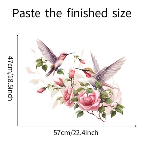 Finished size dimensions of floral wall sticker with hummingbirds and pink roses