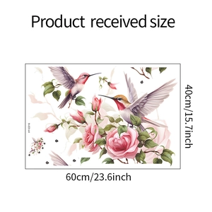 Detail layout of hummingbird and rose wall stickers measuring 60x40cm for home decoration
