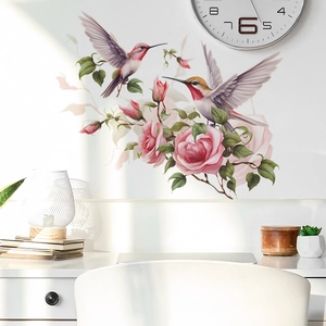 Hummingbird And Pink Rose Flower Wall Stickers PVC Self Adhesive Removable Decals For Bedroom Living Room Home Decoration