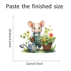 Detailed size view of cartoon mouse gardener wall decal measuring 12cm by 10.5cm