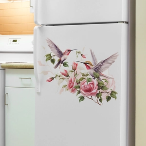 Romantic pink rose and hummingbird wall stickers for home bedroom and kitchen decor