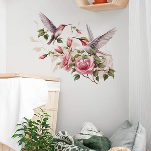Romantic pink rose and hummingbird wall stickers for home bedroom and hallway decoration