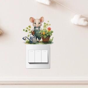 Cute Cartoon Mouse Watering Flowers Wall Sticker Removable PVC Decorative Switch Decal For Kids Room Bedroom Home Decor