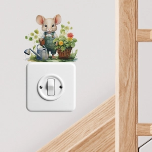 Cartoon mouse watering flowers decorative wall sticker for light switch in kids bedroom