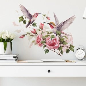 Detailed watercolor floral wall decal featuring pink roses and hummingbirds on white wall