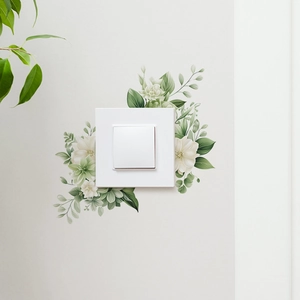 Sticker mural romantique avec fleurs blanches et feuilles vertes pour interrupteurs de maison