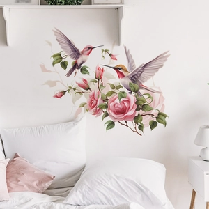 Romantic pink rose and hummingbird wall decals for a cozy bedroom decor aesthetic