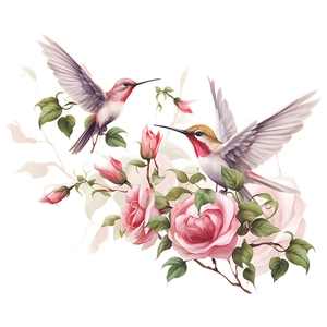 Romantic watercolor wall sticker with hummingbirds and pink roses for home decor