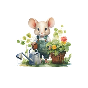 Cartoon mouse watering flowers wall sticker for kids bedroom and home decoration