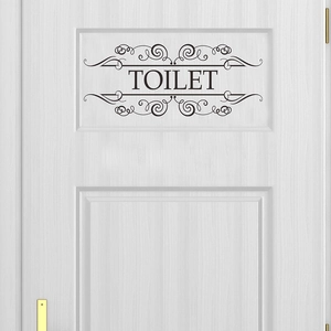Self-adhesive black TOILET door sticker with vintage scroll design for home bathroom decor