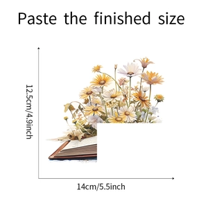 Vue détaillée des stickers marguerites avec livre vintage, dimensions totales 14x12,5 cm