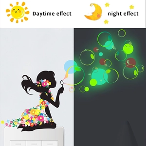 Luminous girl blowing bubbles wall sticker with flower skirt in day and night views