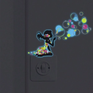 Luminous girl blowing bubbles wall sticker with colorful flowers for bedroom switch decor