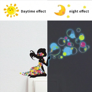 Luminous wall sticker showing daytime color effect and bright night glow performance