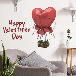 Autocollant Mural Saint Valentin Montgolfière Cœur Happy Valentines Day Romantique PVC Amovible Pour Chambre Maison
