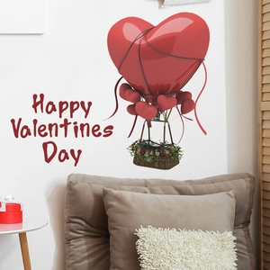 Détail de sticker mural montgolfière cœur rouge avec texte Happy Valentines Day